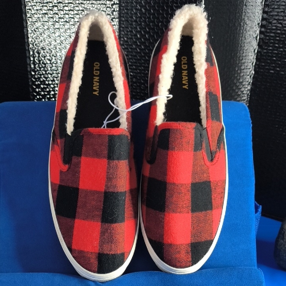 Old Navy Red and Black Plaid Slip-On Shoes